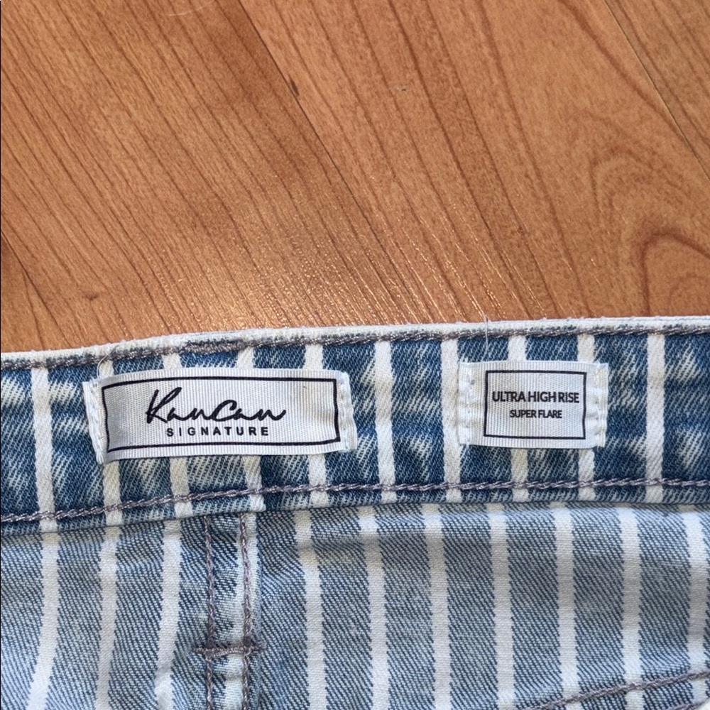 Blue and White Striped Flare Jeans with Distressed Details - Picture 3 of 4